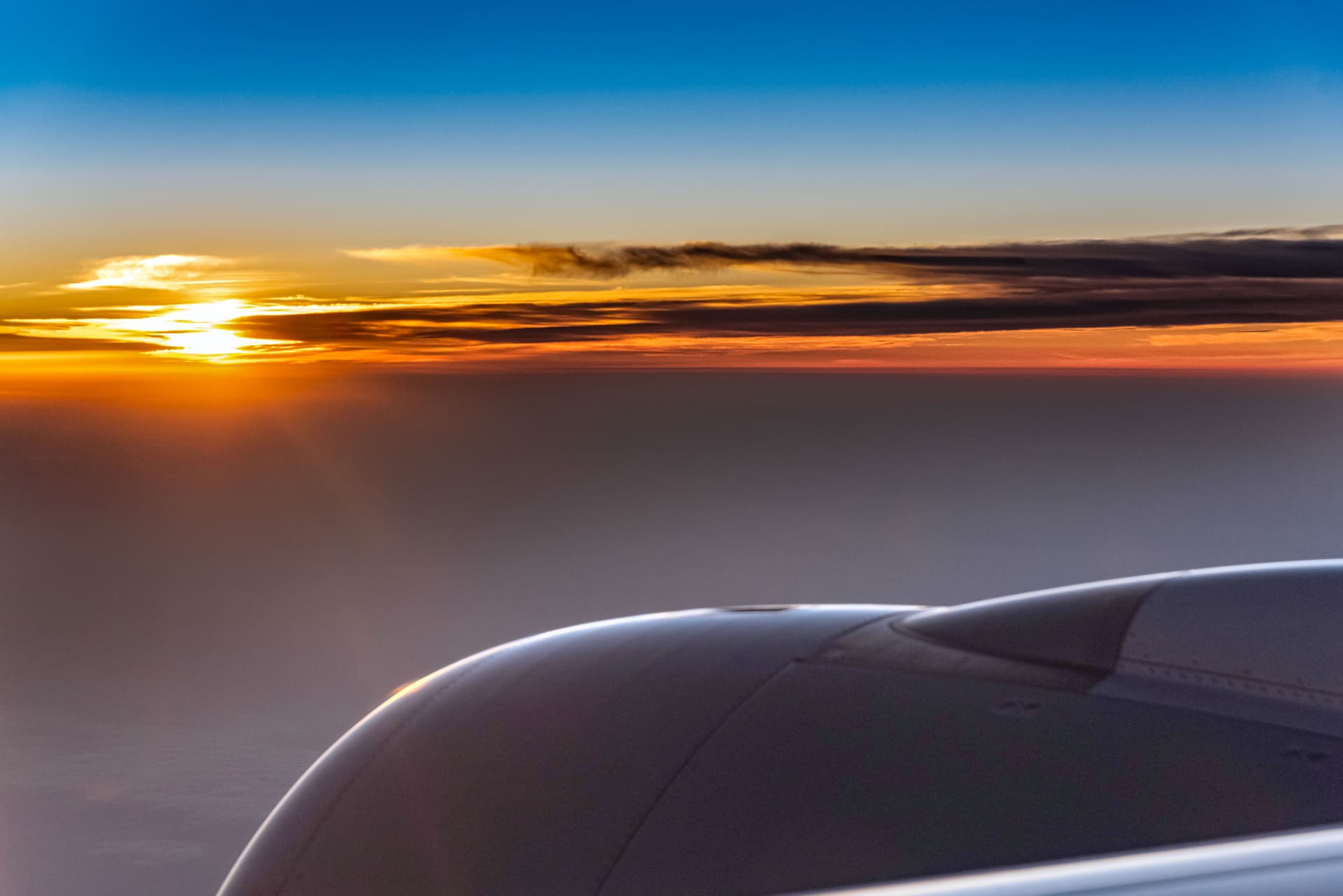International flight at sunset.